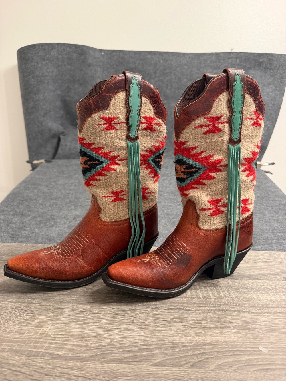 Laredo Brown Leather & Turquoise Fringe Southwestern Cowboy Boots